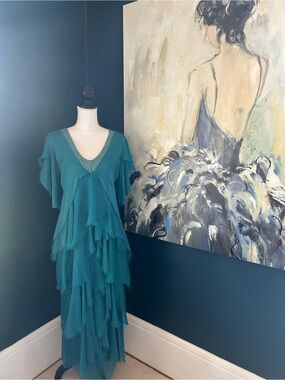 NWT Teal Layered Ruffle V-Neck Maxi Dress - Women OS Made in Italy